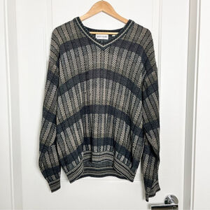 Vintage Pierre Cardin Classic Gray & Beige Striped Knit V-Neck Sweater - XL